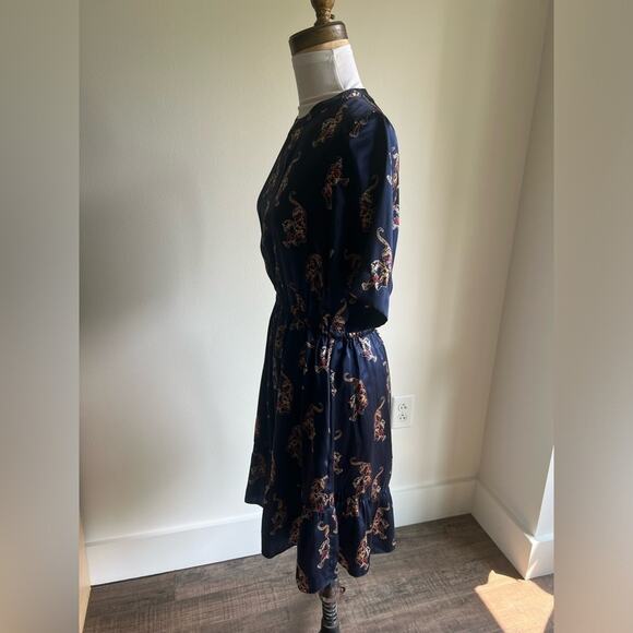 SANDRO NAVY SILK TIGER PRINT DRESS KEYHOLE BACK SHORT SLEEVE SIZE 1 - Picture 5 of 9